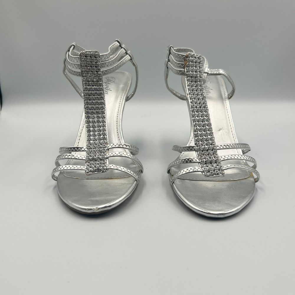 Paprika Allie Heels Women 9 Silver Good Rhinestone T-Strap Formal Sandals